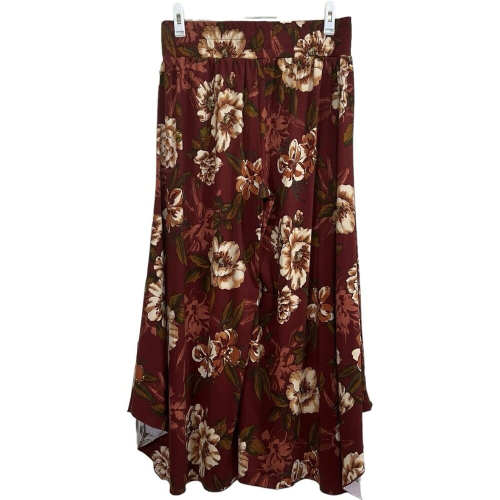 QVC Floral Flowy Wide Leg Pants - Burgundy and Cream
